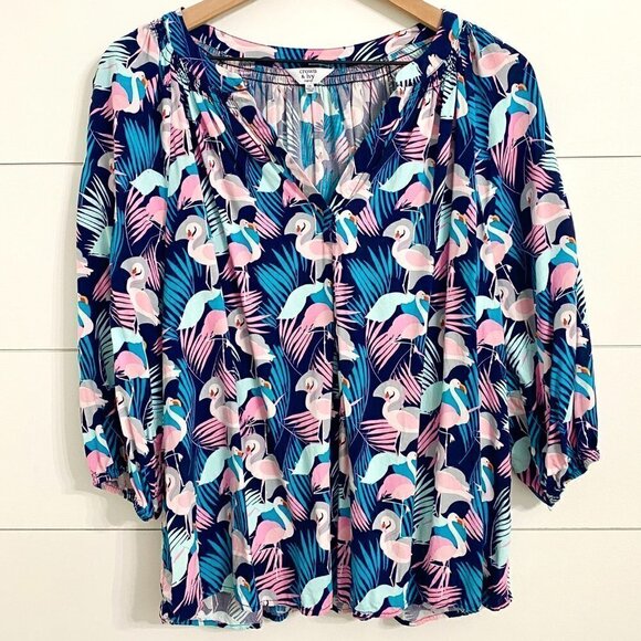 Crown & Ivory Tropical Flamingo Graphic Novelty Print AOP Top Blouse, Size XL - Picture 4 of 9